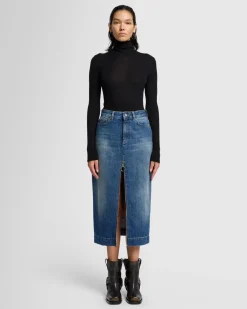 Amber Zip Denim Midi Skirt in Topic