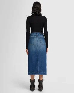 Amber Zip Denim Midi Skirt in Topic
