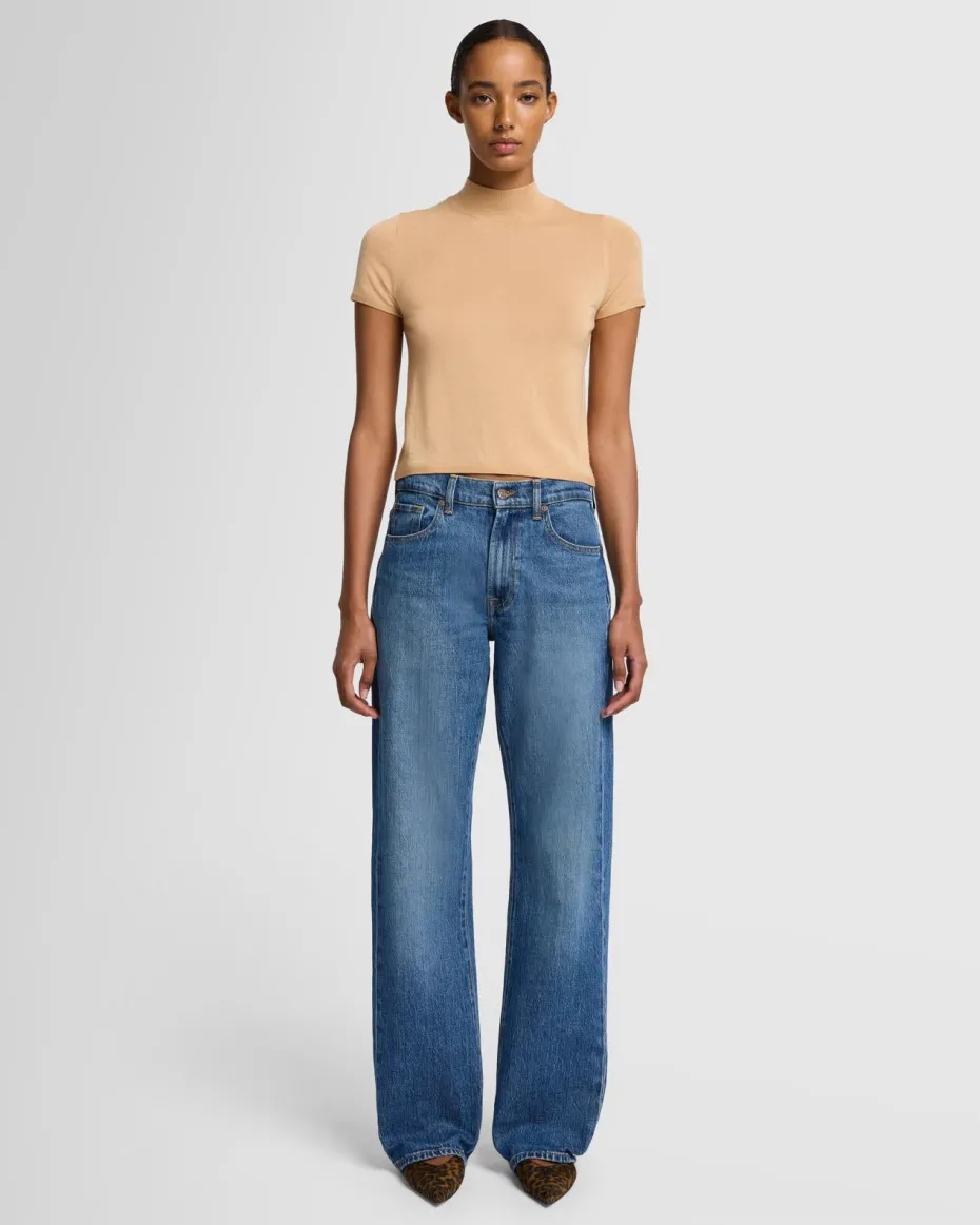 Cashmere Mock Neck Short Sleeve Sweater in Porcini