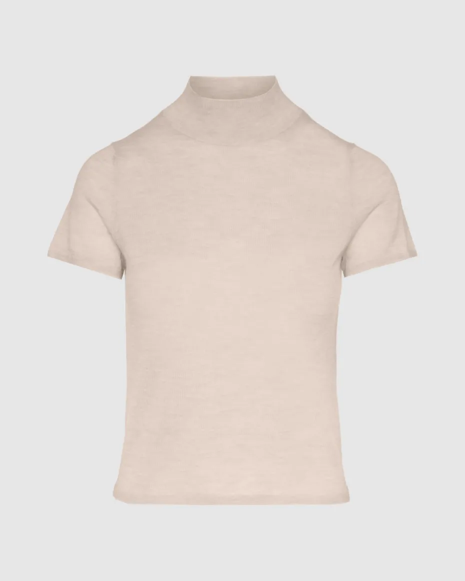Cashmere Mock Neck Short Sleeve Sweater in Porcini