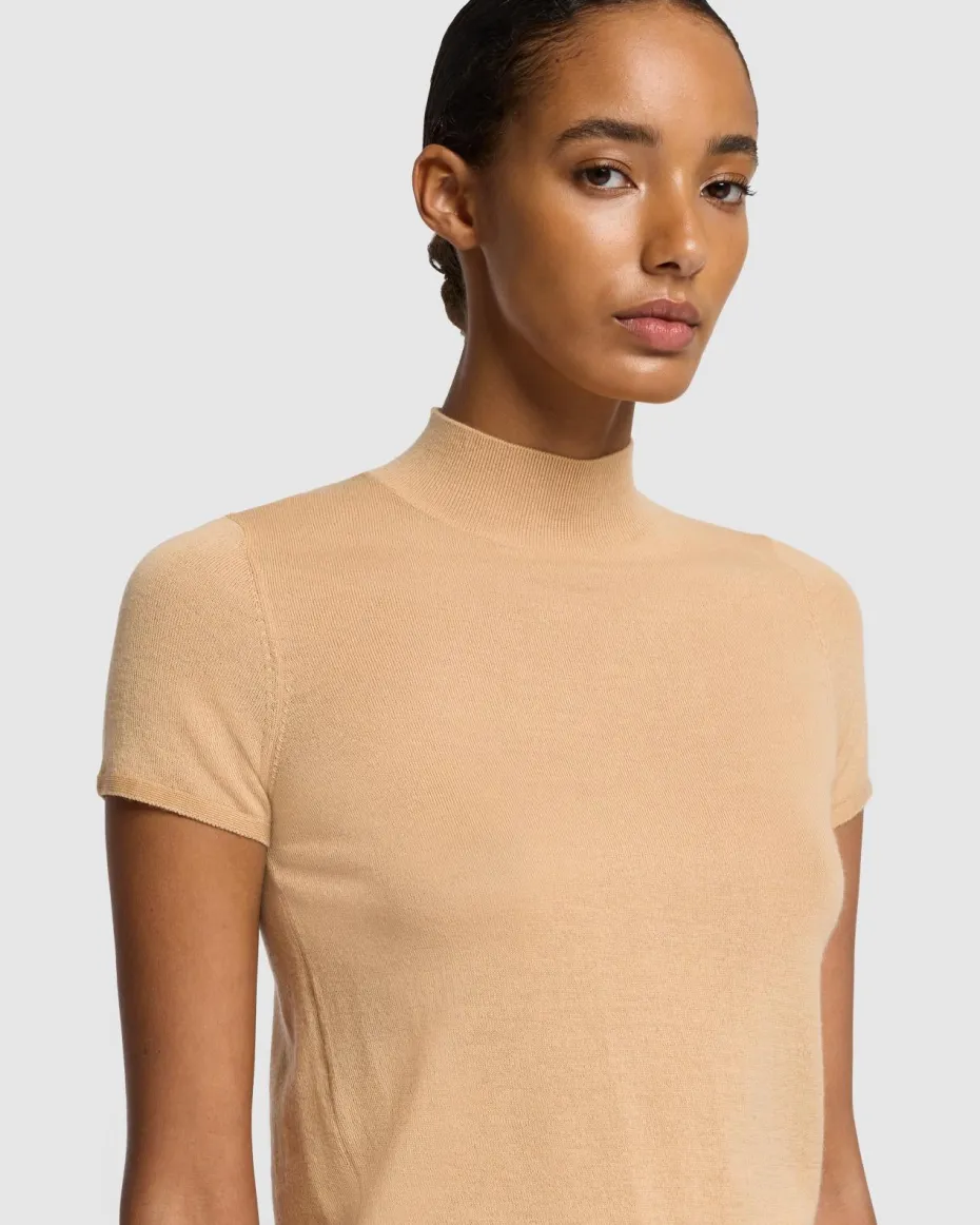 Cashmere Mock Neck Short Sleeve Sweater in Porcini