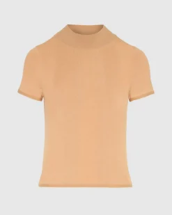 Cashmere Mock Neck Short Sleeve Sweater in Porcini