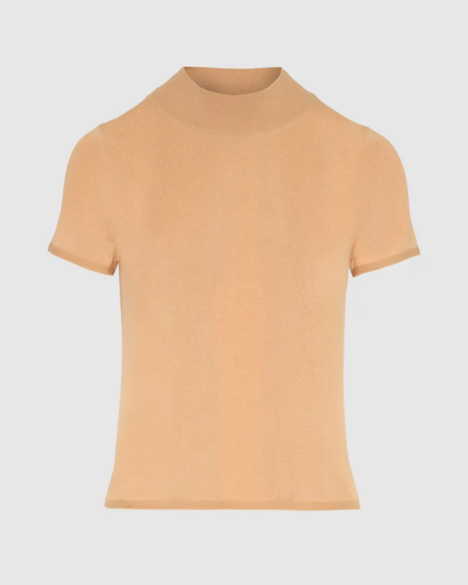 Cashmere Mock Neck Short Sleeve Sweater in Porcini