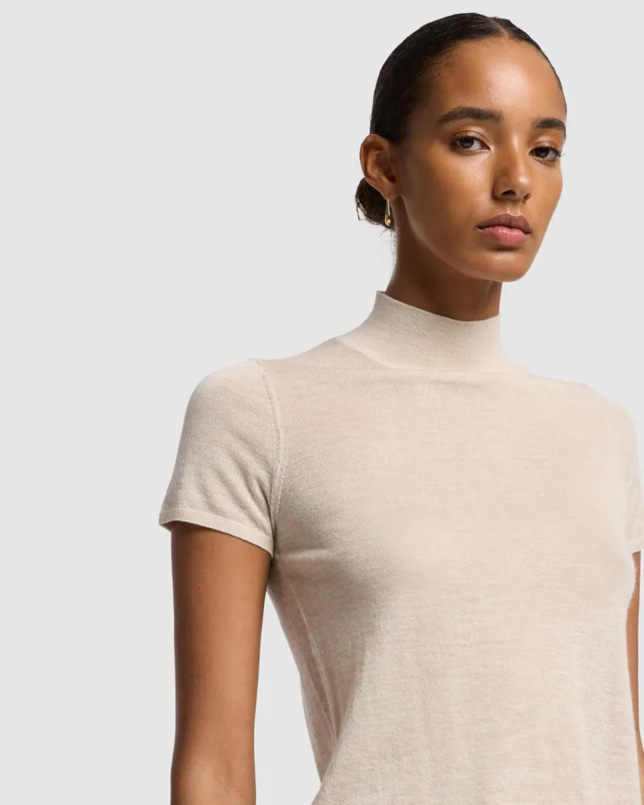Cashmere Mock Neck Short Sleeve Sweater in Porcini