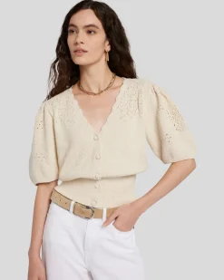 Cinched Puff Sleeve Cardigan in Bone