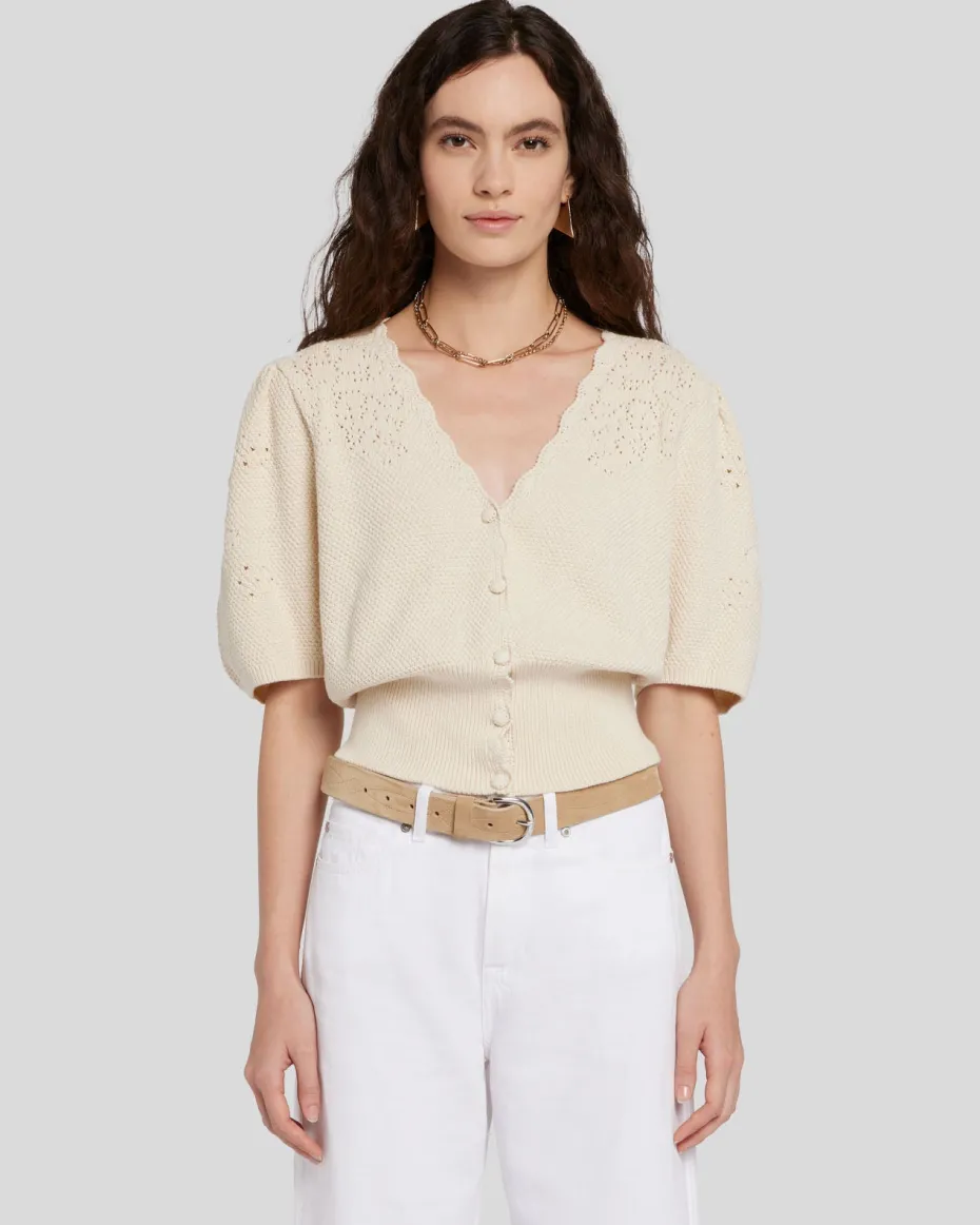 Cinched Puff Sleeve Cardigan in Bone