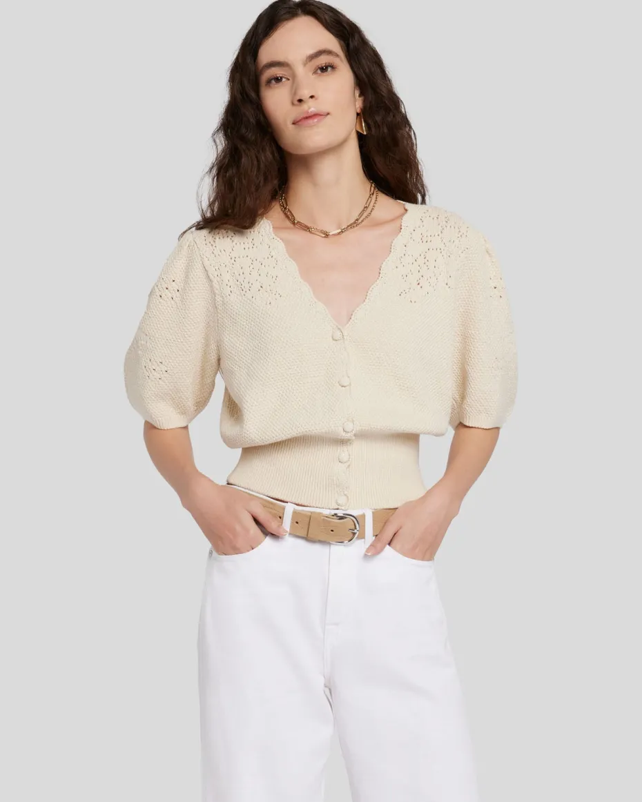 Cinched Puff Sleeve Cardigan in Bone