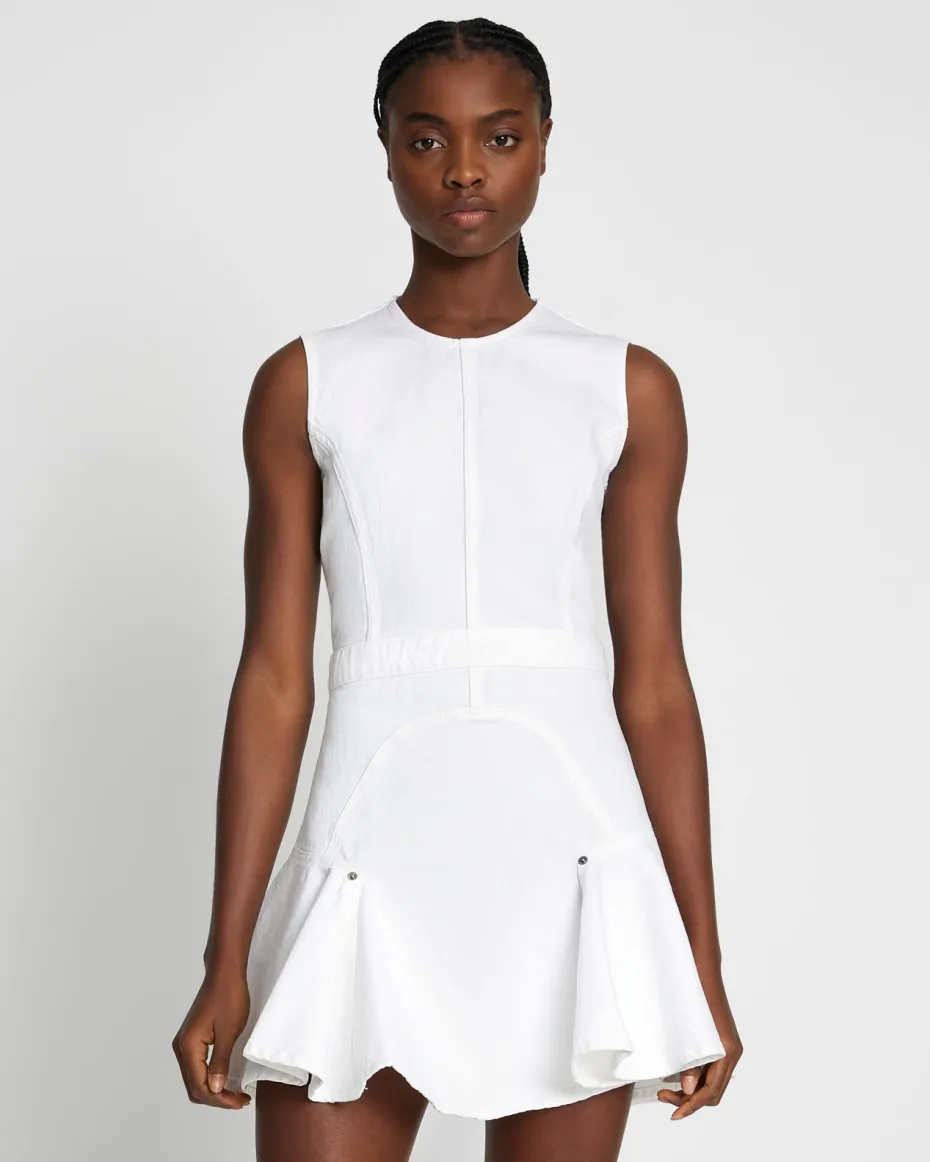 Denim Flounce Dress Mini in Brilliant White