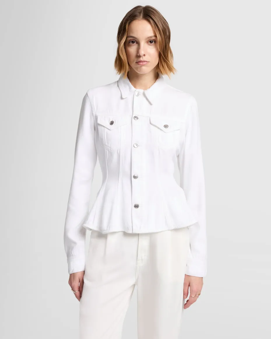 Denim Lustre Flounce Trucker Jacket in White