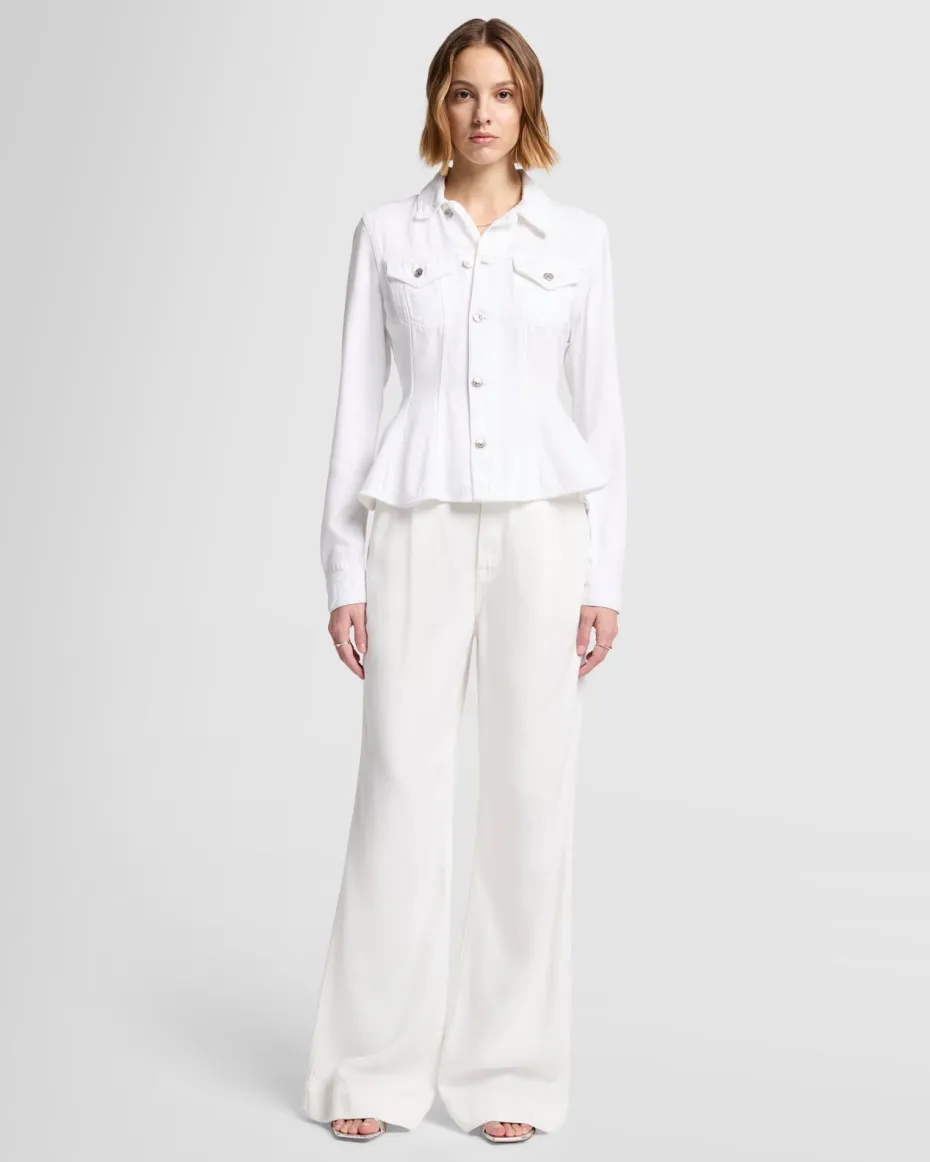 Denim Lustre Flounce Trucker Jacket in White