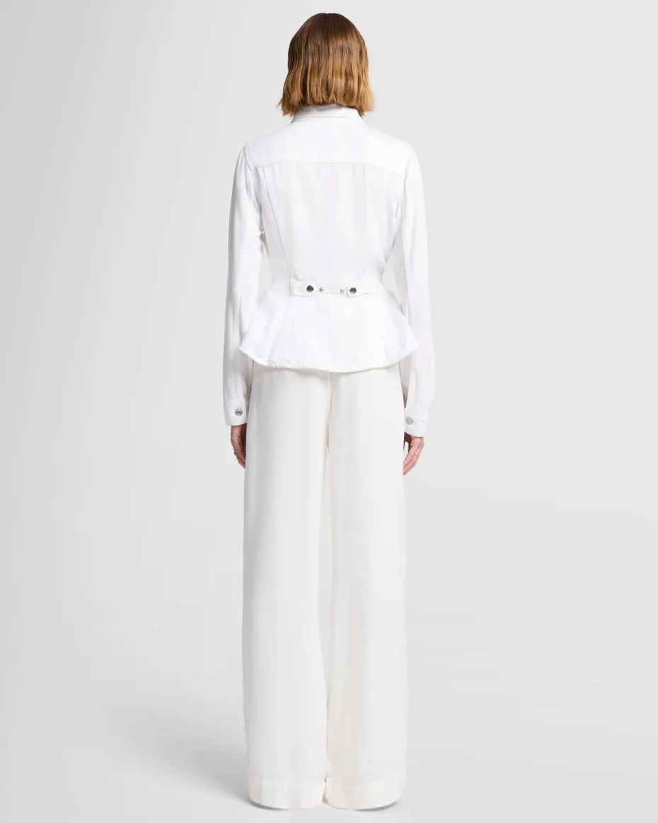 Denim Lustre Flounce Trucker Jacket in White