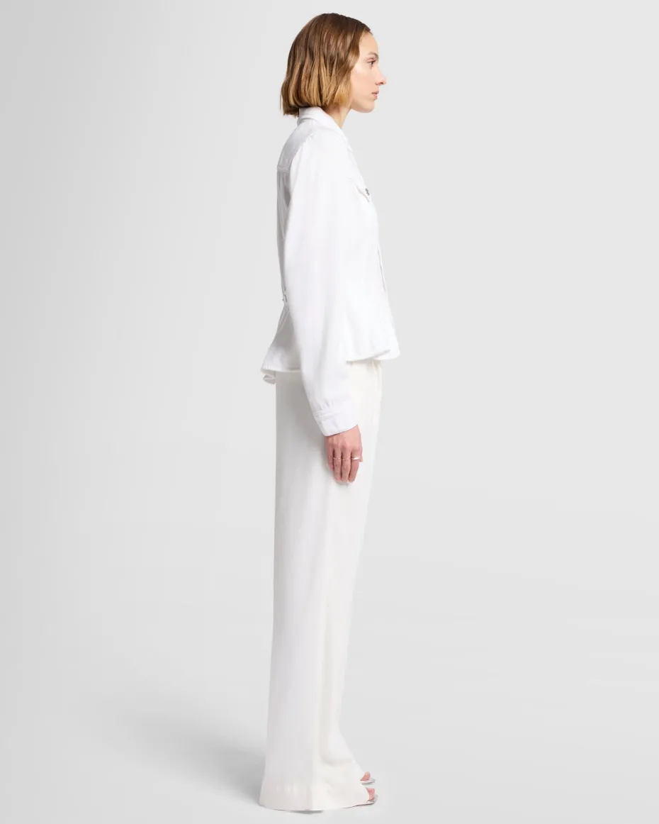 Denim Lustre Flounce Trucker Jacket in White