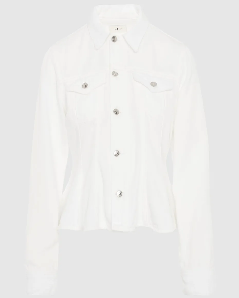 Denim Lustre Flounce Trucker Jacket in White