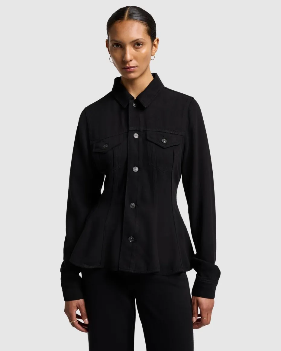Denim Lustre Flounce Trucker Jacket in White