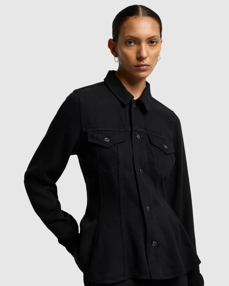 Denim Lustre Flounce Trucker Jacket in White