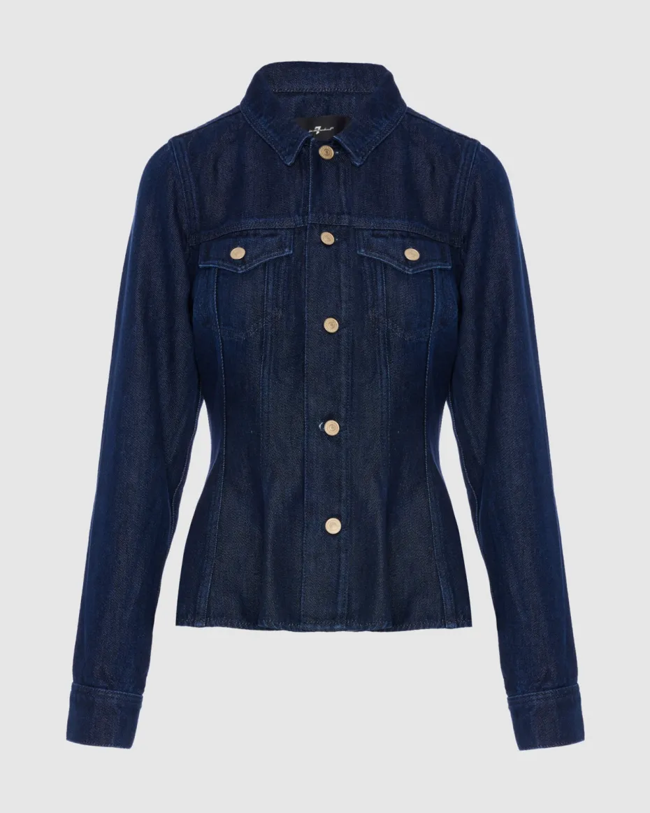 Denim Lustre Flounce Trucker Jacket in Stormy