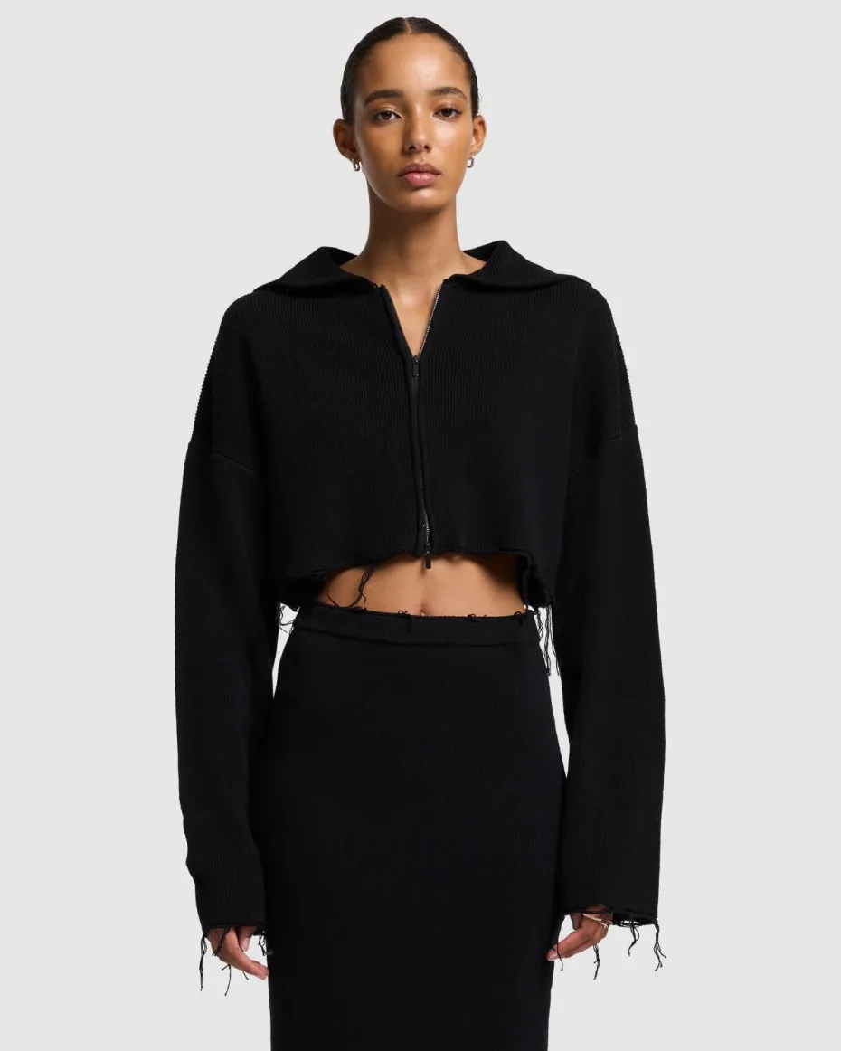 Distressed Knit Cropped Hoodie in Black