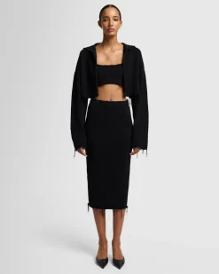 Distressed Knit Cropped Hoodie in Black