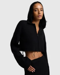 Distressed Knit Cropped Hoodie in Black