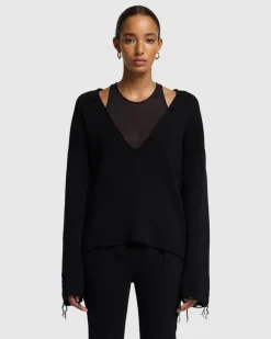 Distressed Knit Deep V-neck Pullover