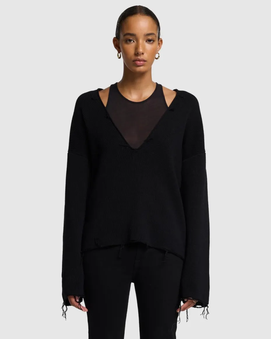 Distressed Knit Deep V-neck Pullover