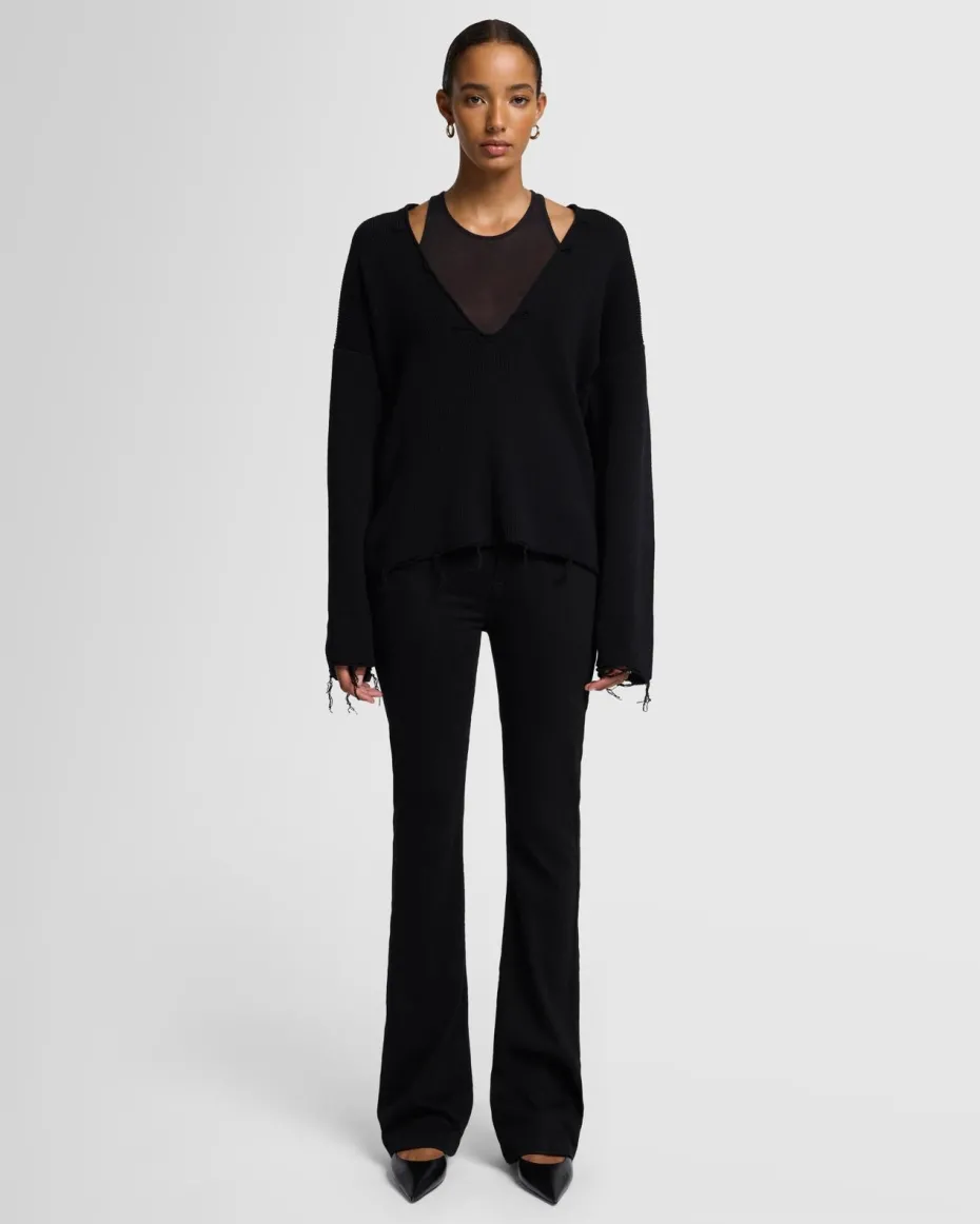 Distressed Knit Deep V-neck Pullover