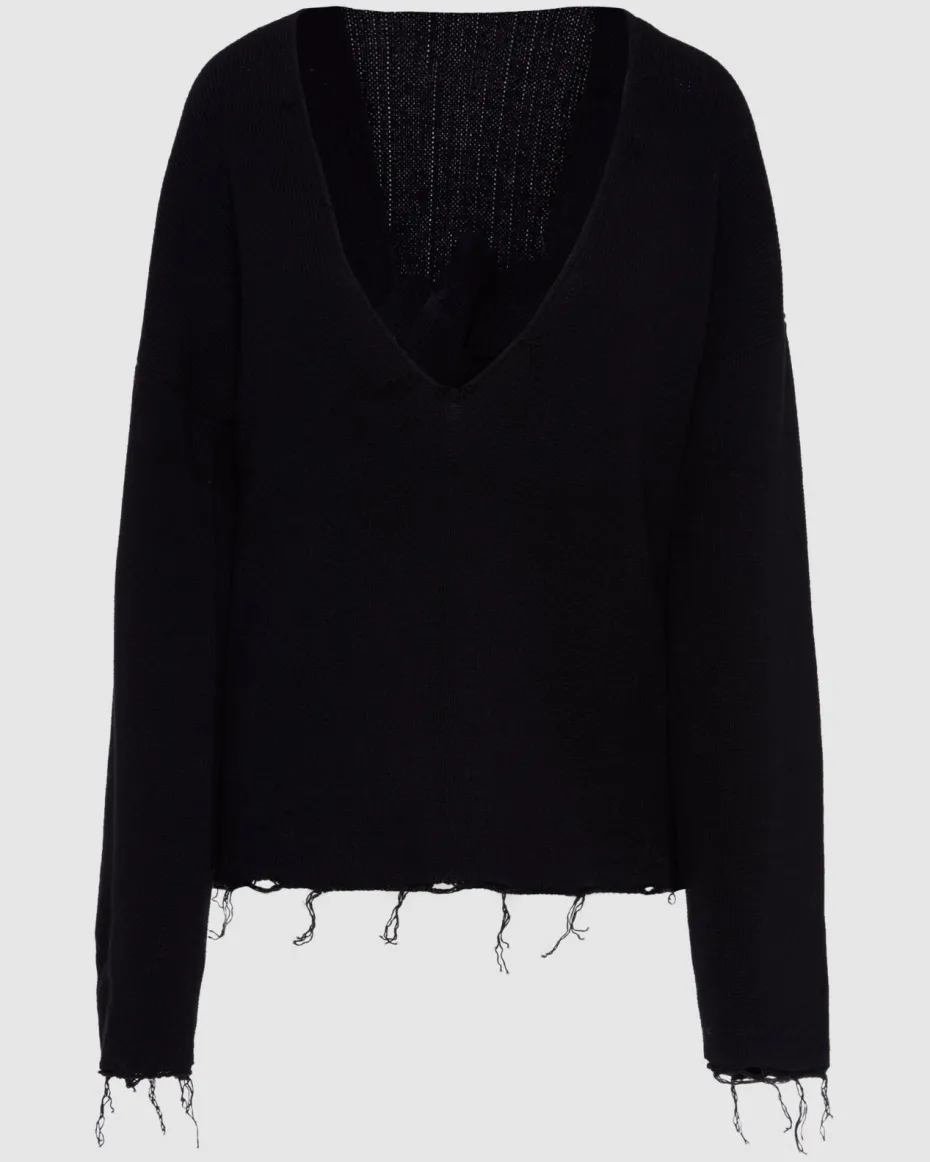 Distressed Knit Deep V-neck Pullover