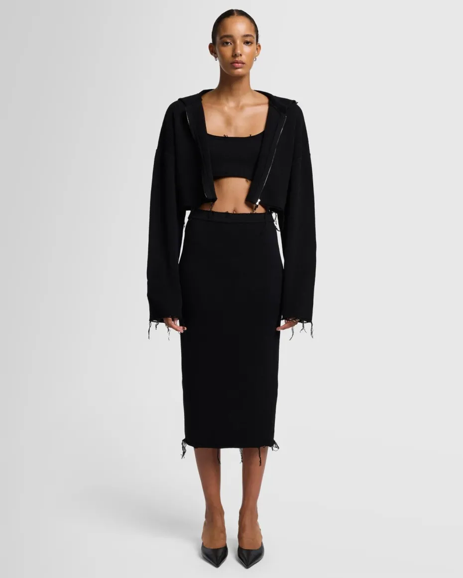 Distressed Knit Midi Skirt in Black