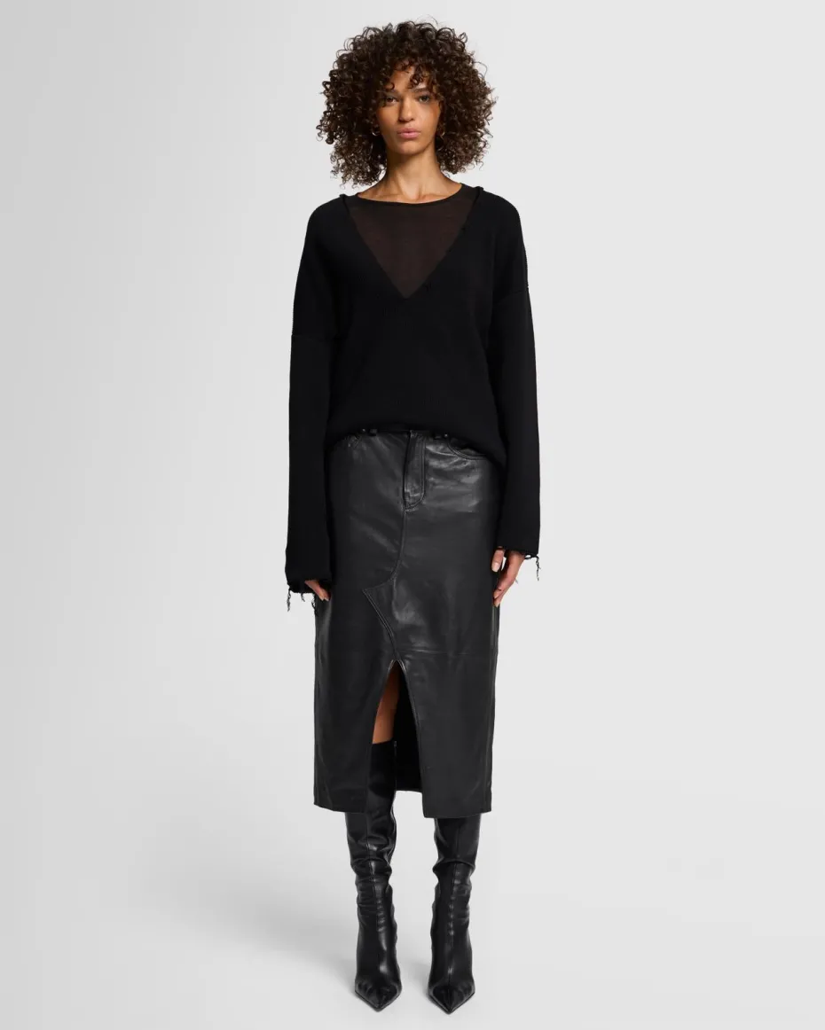Double Waist Italian Leather Skirt in Black