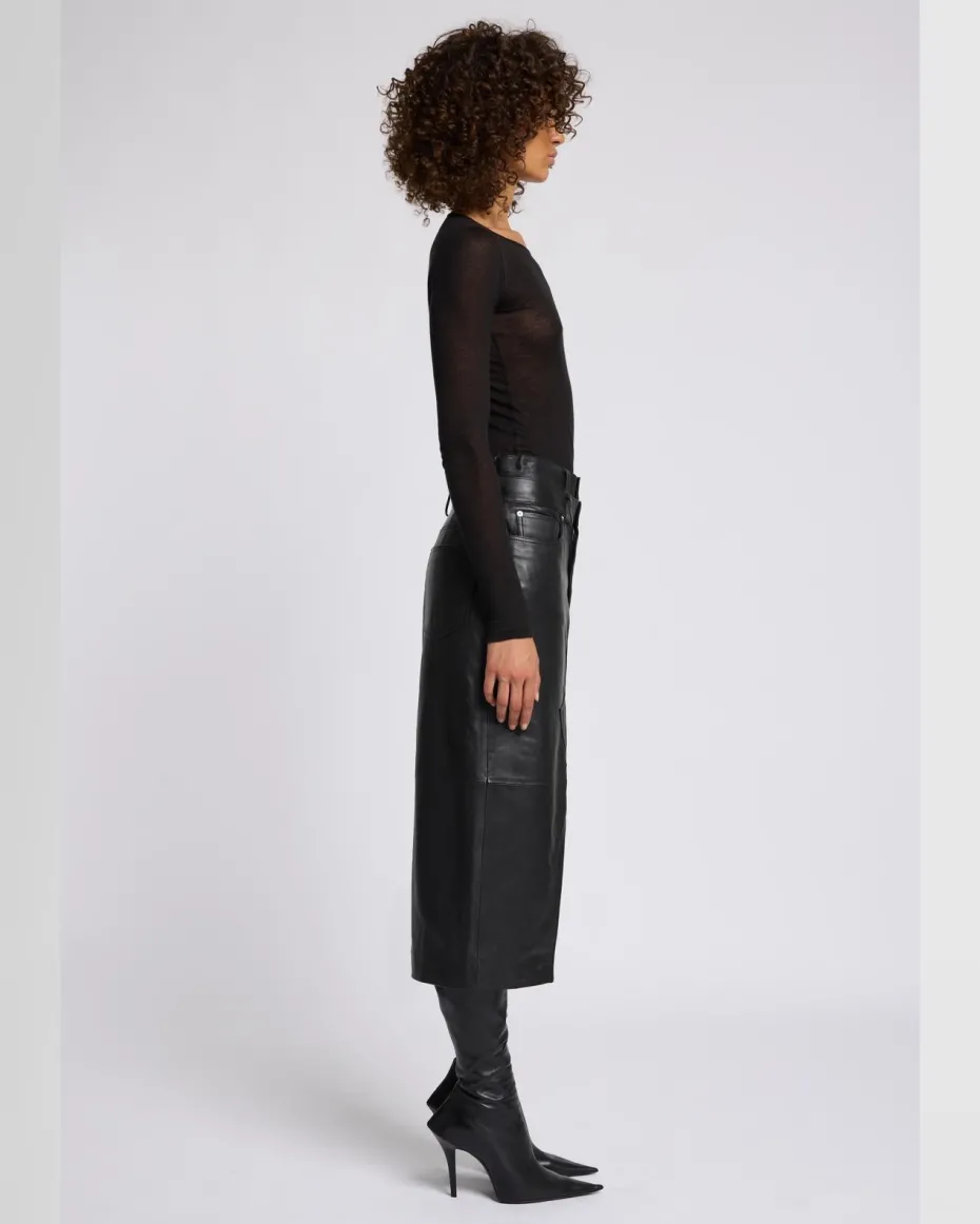 Double Waist Italian Leather Skirt in Black