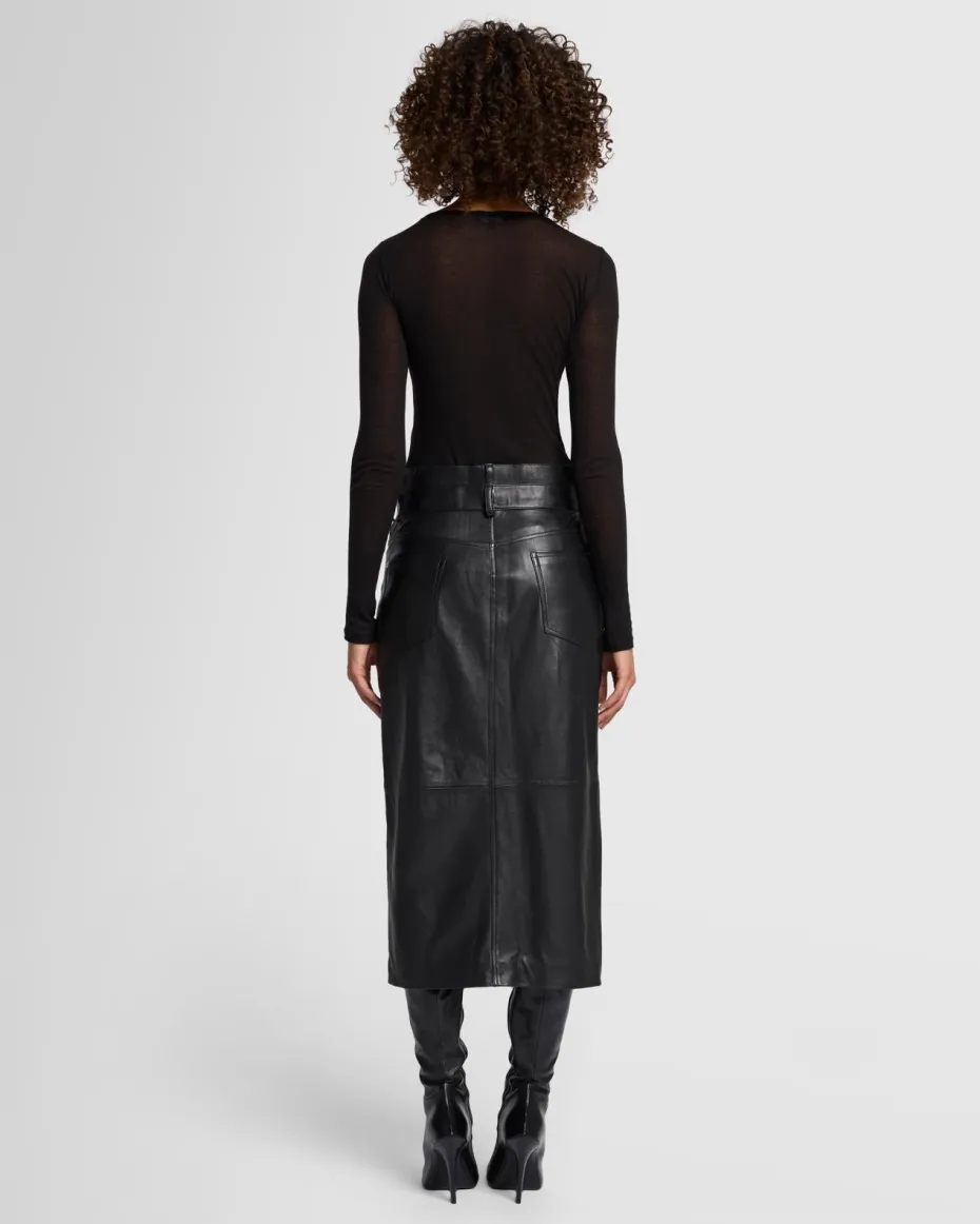 Double Waist Italian Leather Skirt in Black