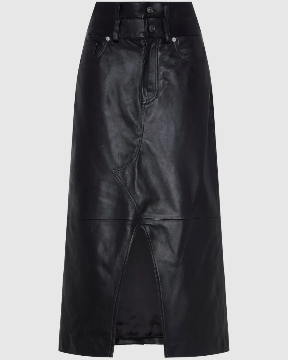 Double Waist Italian Leather Skirt in Black