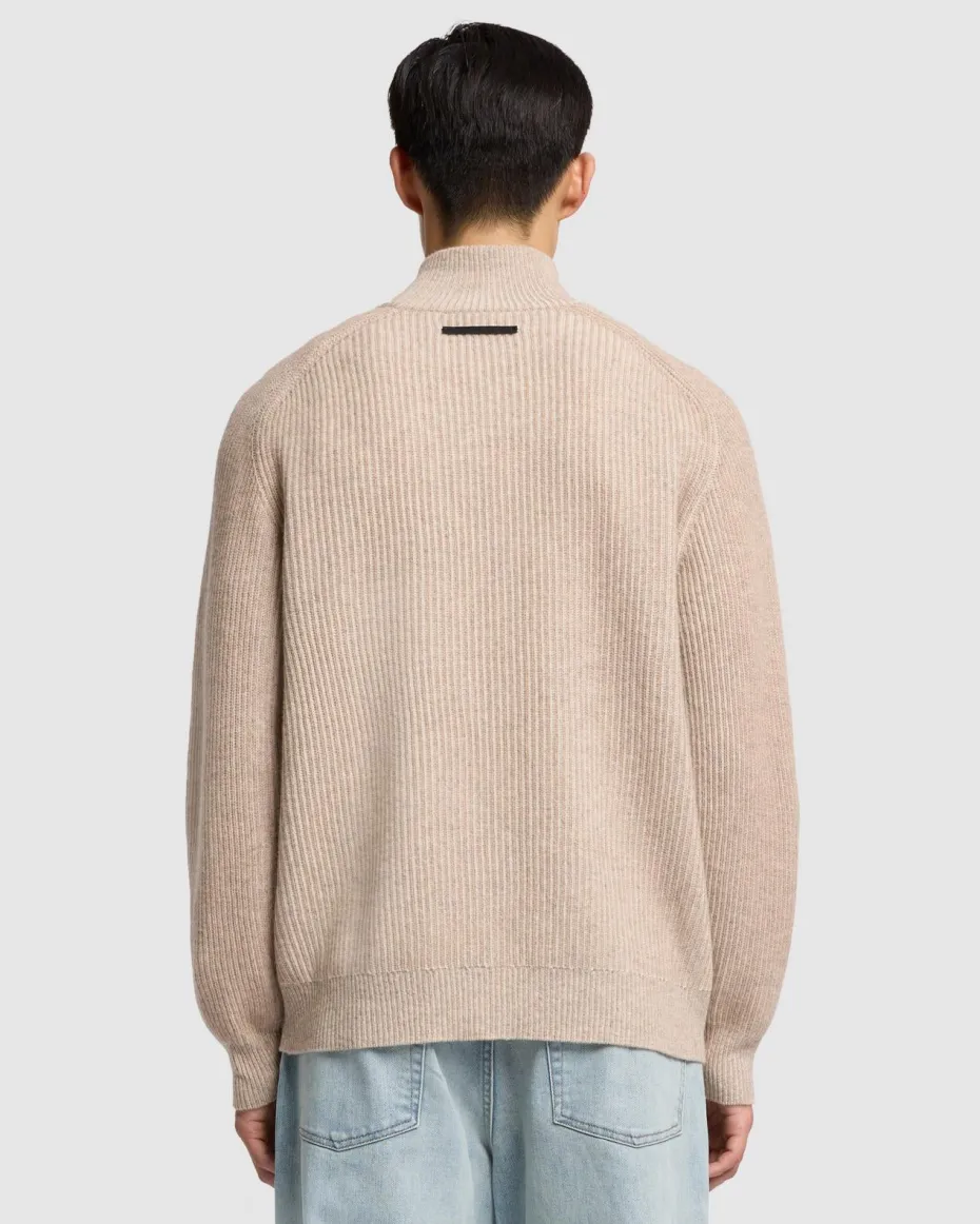 Double Zip Merino Cardigan in Beige
