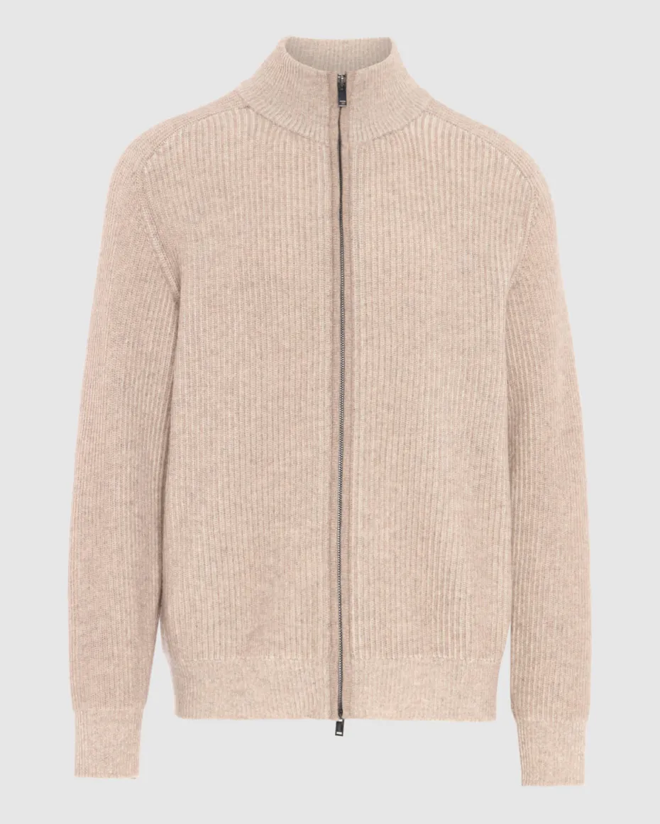 Double Zip Merino Cardigan in Beige