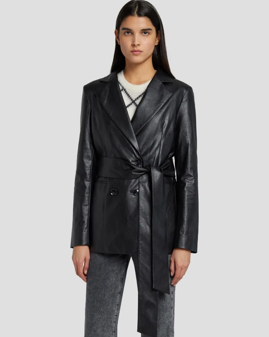 Faux Leather Wrap Blazer in Black