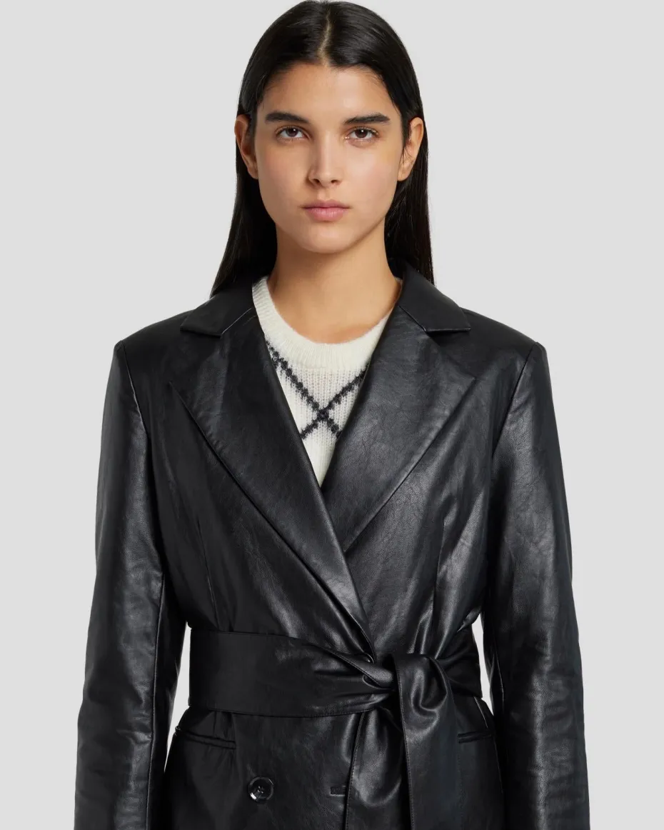 Faux Leather Wrap Blazer in Black