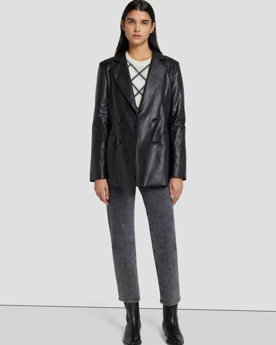 Faux Leather Wrap Blazer in Black