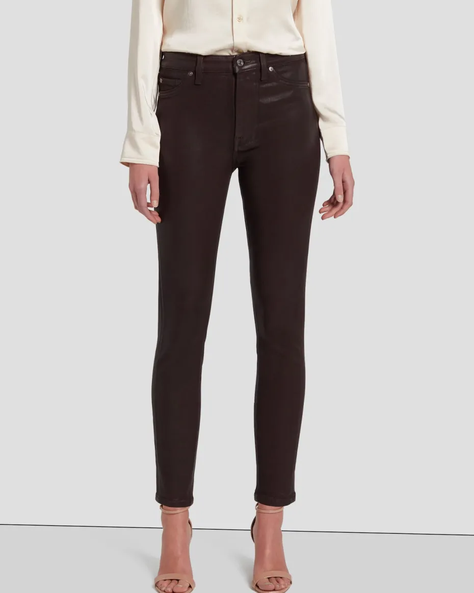High Waist Ankle Skinny in Coated Chocolate