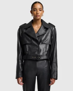 Italian Leather Cropped Moto Jacket in Black