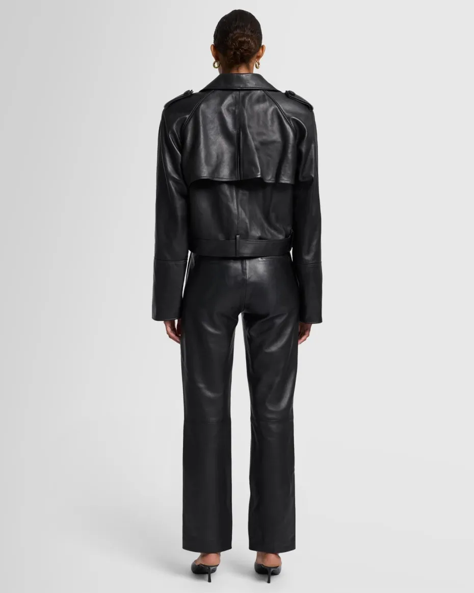 Italian Leather Cropped Moto Jacket in Black