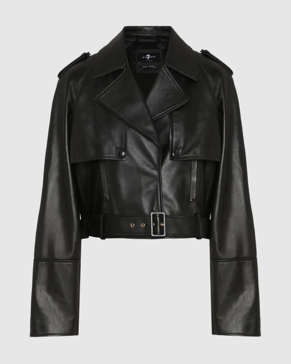 Italian Leather Cropped Moto Jacket in Black