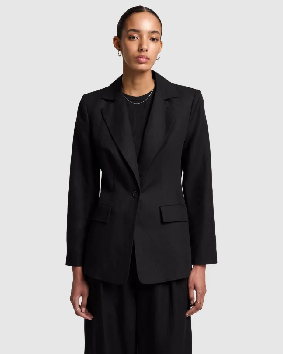 Linen Blend Blazer in Black