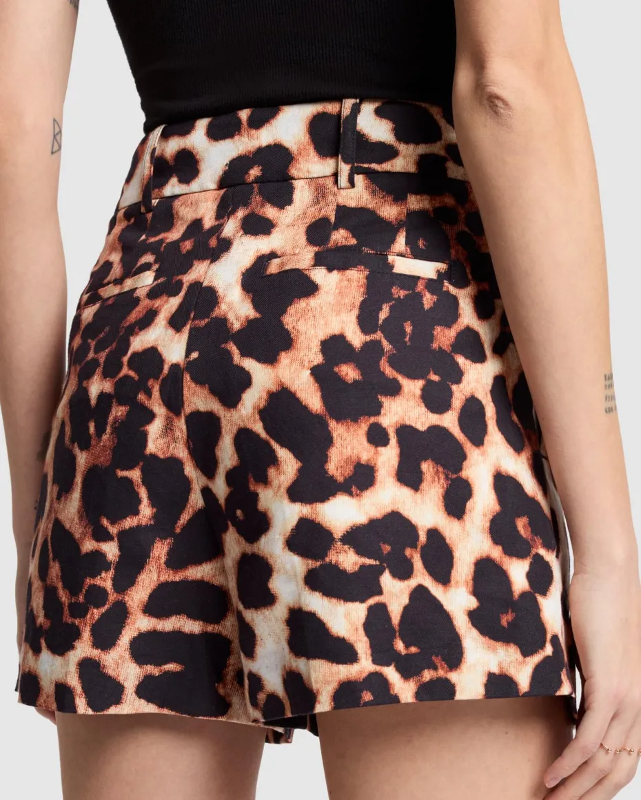 Linen Blend Pleated Short in Leopard Print