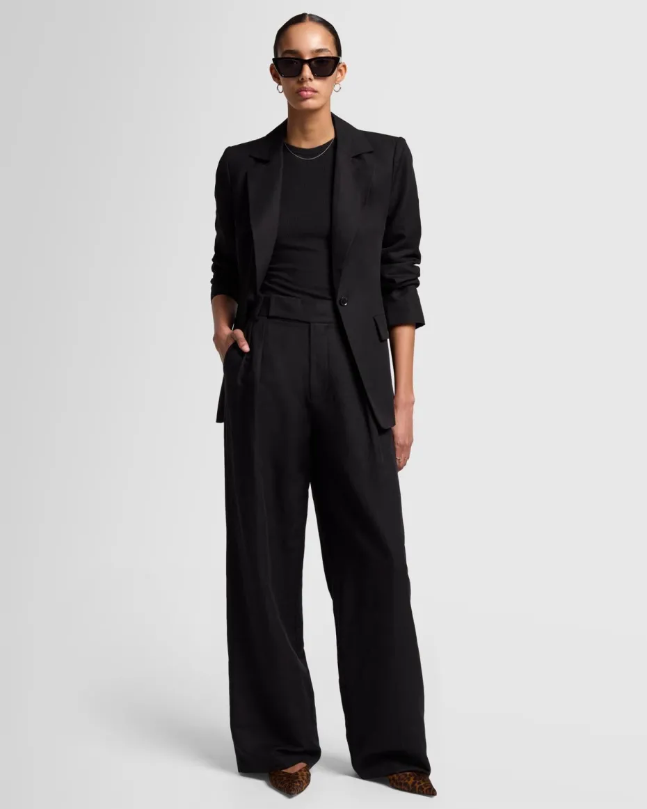 Linen Blend Pleated Trouser in Black