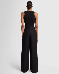 Linen Blend Pleated Trouser in Black