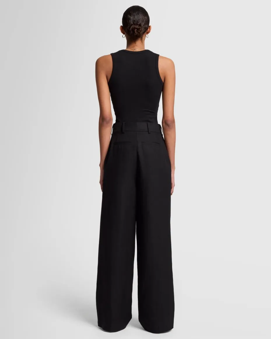 Linen Blend Pleated Trouser in Black