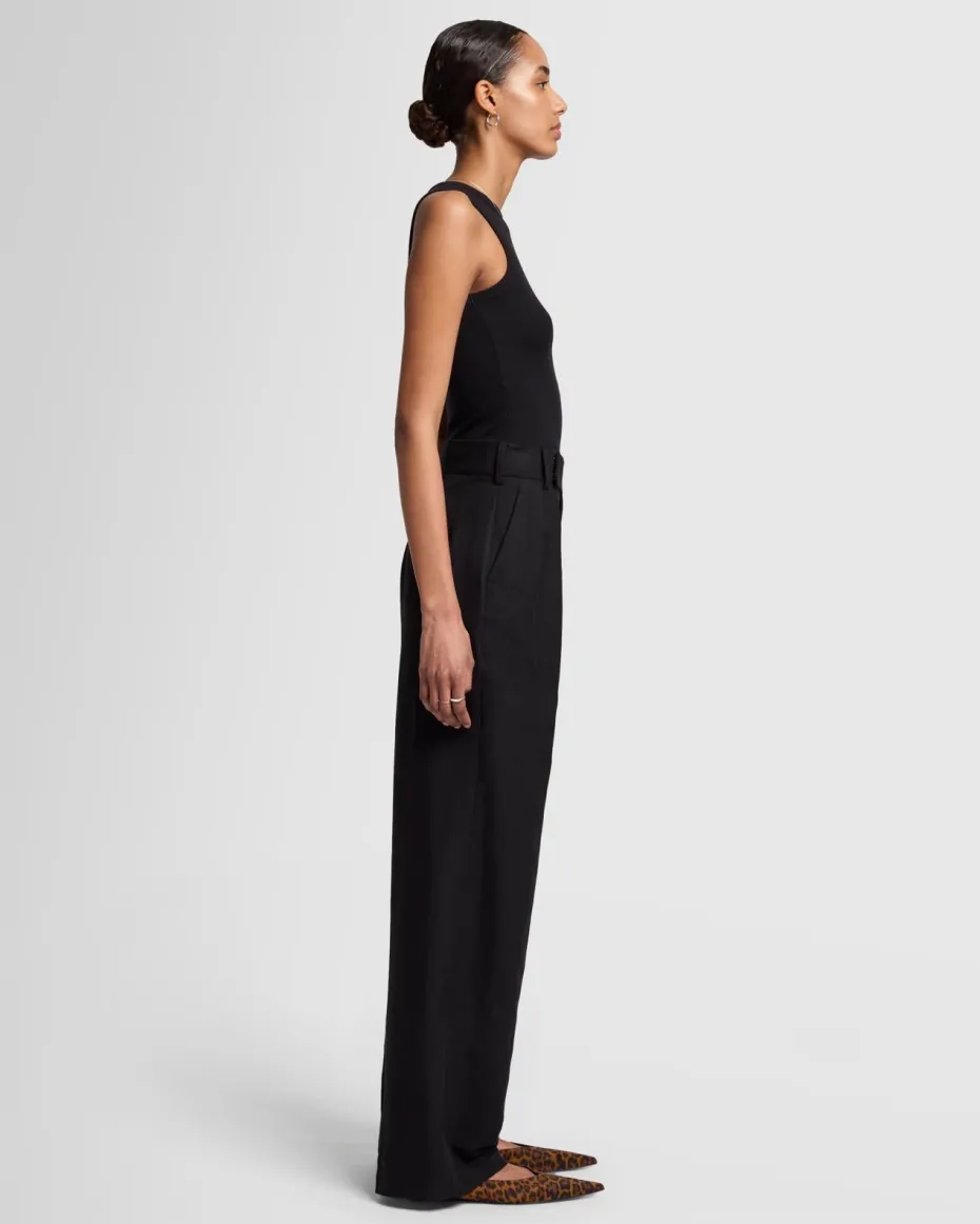 Linen Blend Pleated Trouser in Black