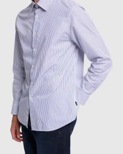 Long Sleeve Poplin Shirt in Navy Stripe