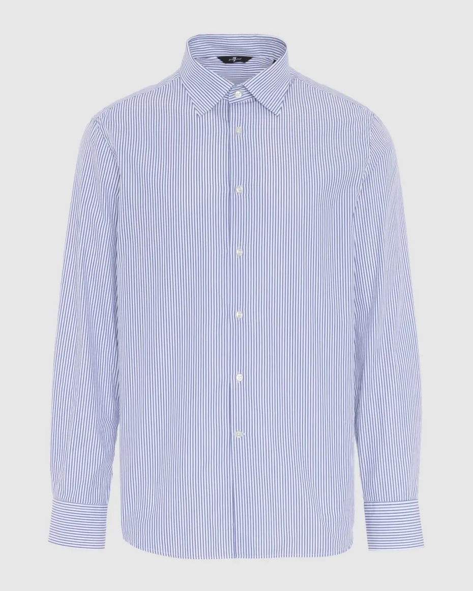 Long Sleeve Poplin Shirt in Navy Stripe
