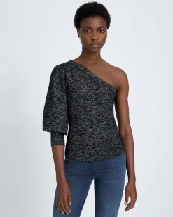 One Shoulder Sweater in Black Metallic